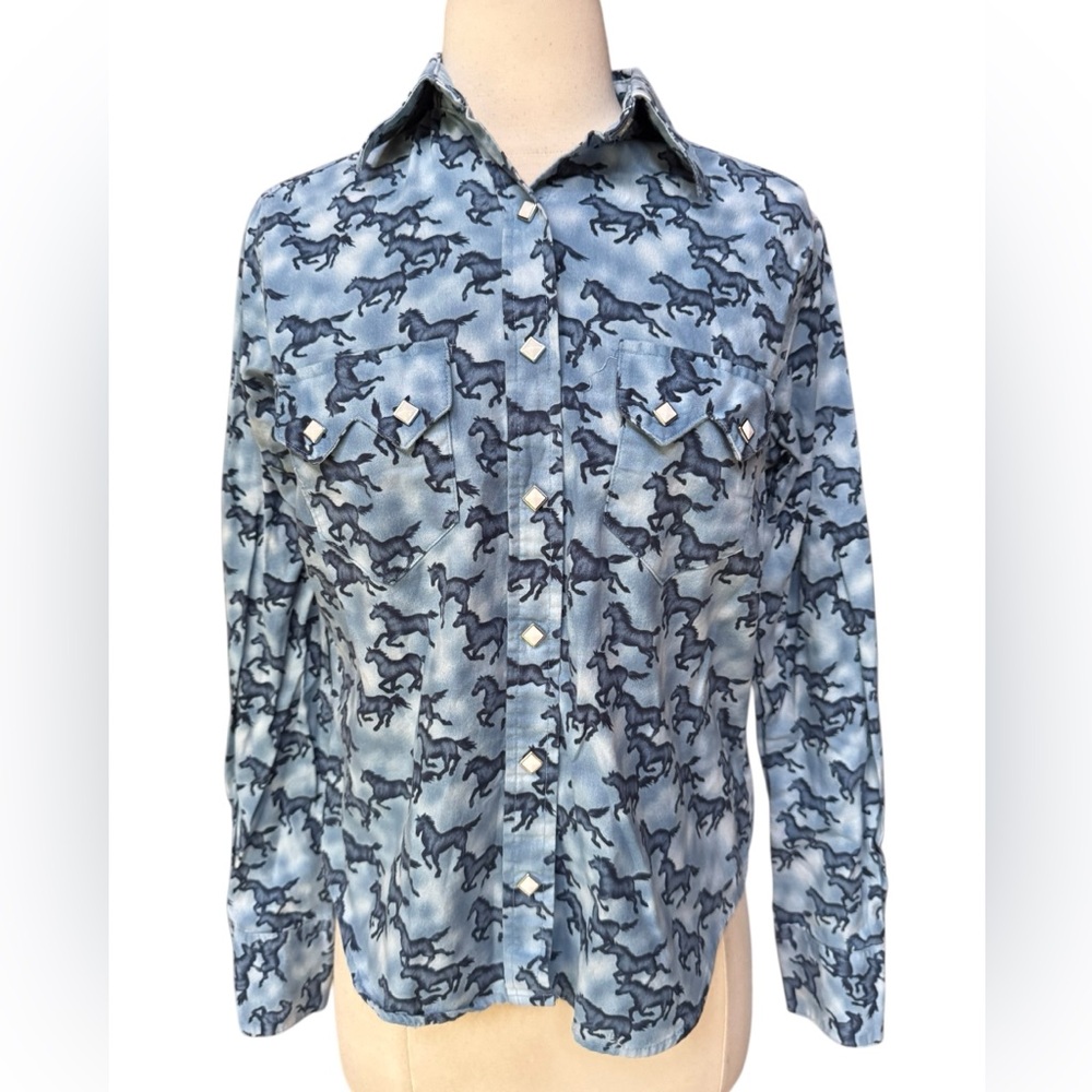 1980s Rockmount Ranch Wear Blue Horses Pattern Diamond Snap Down Shirt